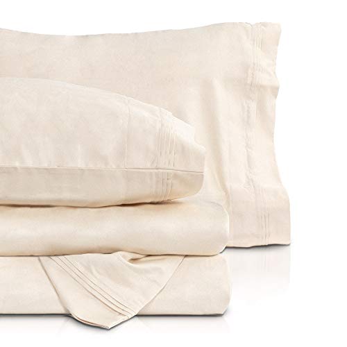 1000 Thread Count Bed Sheet Sets - Luxurious 100% Cotton Deep Pocket Sheets - Bedding Set Includes One Flat Sheet, One Fitted Sheet & Two Pillowcases - Queen Size, Ivory