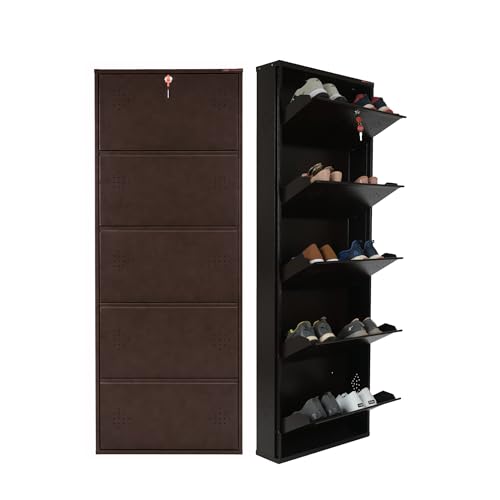 Image of 5 Door Wall Mounted Metal Shoe Rack Cabinet with Lock | Space Saving Shoe Storage Cabinet for Home, Entryway & Balcony | Dustproof Ventilated Shoe Organizer | Brown | 63 x 21 x 6 Inch