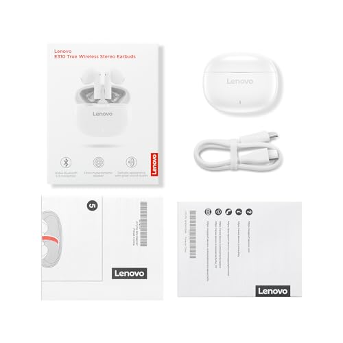 Lenovo Écouteurs stéréo sans Fil E310 Bluetooth 5.3 ENC avec Suppression du Bruit avec Haut-Parleur de 13 mm de Type C, Charge de la Batterie de 20 Heures d'autonomie pour Les appels musicaux