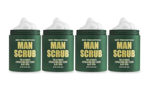 Body Prescriptions Men’s Exfoliating Body Scrub – Ultimate Skin Cleansing Wash in Jar with Twist-Top Lid, For All Skin Types, 21 Ounce (Pack of 4), Aloe Vera