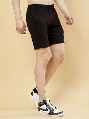 Image of POCKMAN Men's Regular Fit Black Cotton Terry Shorts- Perfect for Sports and Casual Wear.