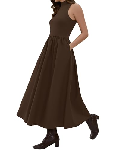 Lauweion Women's Summer Sleeveless Mock Neck Maxi Dresses Patchwork Casual Flowy Drop Waist Dress with Pockets4