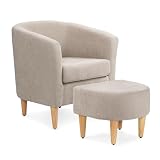 Athena Collection Modern Barrel Accent Chair with Ottoman, Furry Cozy Reading Arm Chair for Adults, Comfy Uphosltered Sofa Armchair with Footrest for Living Room, Bedroom, Small Space, Beige