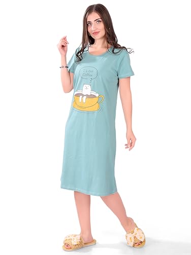 Image of Printed Knee Length Pocket Night Dresses for Women | Cat Lovers | Premium Soft Cotton Nighty | Sky Blue