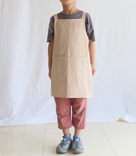 Losofar Children Cotton Cross Back Apron Japanese Style Bib Home Clothes Painting Soft Comfort Pinafore Apron For Girls Boys (Khaki, 21.6×21.6Inch) #TOP5