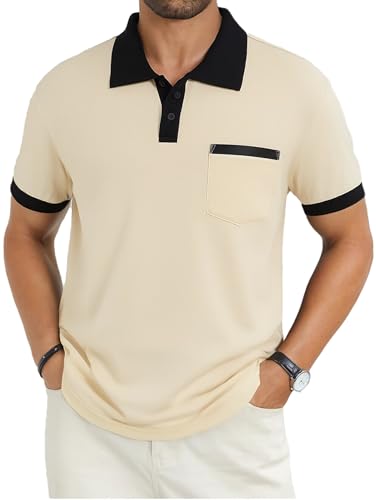 Image of Men's Casual Polo Shirts Summer Short Sleeve Contrast Collar Buttoned Tee Polo Shirt with Pocket