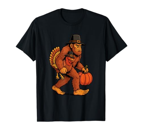 Bigfoot Carrying Turkey - Thanksgiving Day Fall Holiday T-Shirt