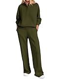 PRETTYGARDEN 2-teiliges Damen-Outfit, Sweatsuits, Viertelknopf, langärmelig, Sweatshirt, weites Bein, Hose, Trainingsanzug, Lounge-Sets, Grün (Army Green), Large