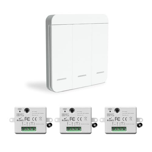Bkiyougo Interrupteur d'éclairage sans fil, interrupteur de sécurité de l'émetteur RF et contrôleur de récepteur 10A, installation facile pour lampe jusqu'à 1500W（3 récepteur et 1 commutateurs）