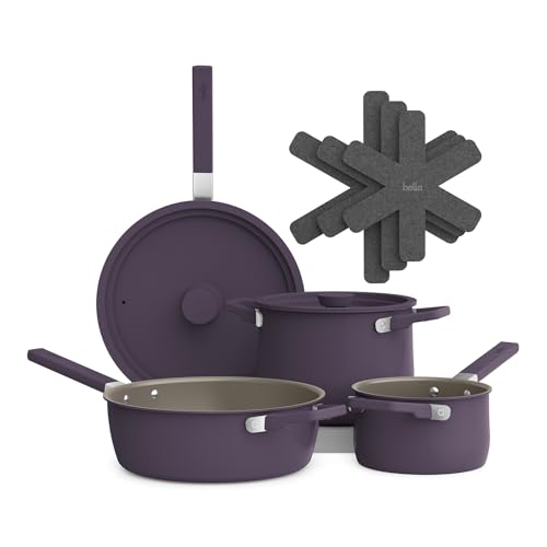 Image of bella 9 Piece Ceramic Nonstick Cookware Set, Fits-anywhere™ Kitchenware w EverGood™ Coating, Dishwasher & Oven Safe, All Stovetops Compatible, Stackable Design, Cool Touch Handles, Plum