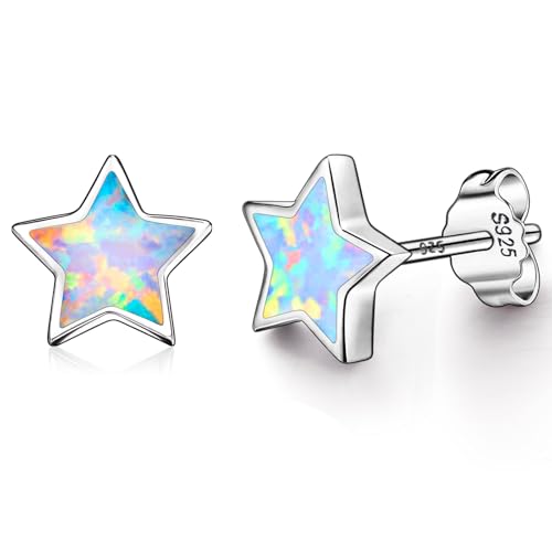 Hypoallergenic Star Earrings for Girls, S925 Sterling Sliver Stud Earrings For Women ARSKRO White Tiny Little Small Cute Fire Opal Earring Jewelry Gifts for Kids Sensitive Ears