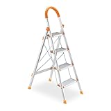 Relaxdays Escabeau Pliable, Aluminium, Plastique, Charge Max. 150 kg, 4 marches, pour Quotidien, argenté/Orange