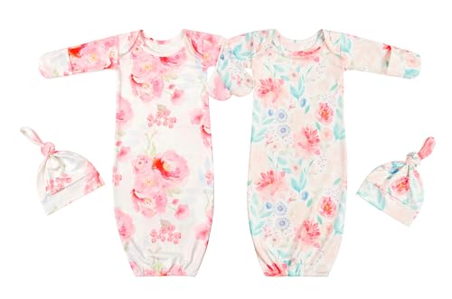 Image of Giggle Angel Newborn Baby Sleeper Gown with Hat Knotted Gown Nightgown Coming Home Outfits for Baby Girl 2 Pieces Set