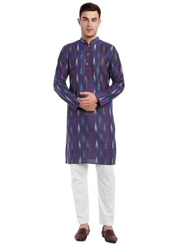 Image of SKAVIJ Men's Pure Cotton Printed Kurta Pajama Set Ikat Design Casual Ethnic Dress