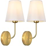 LEECOORA Antique Brass Hardwired Wall Sconce Set of 2 - Matte Gold Finish with White Fabric Shades,Bedroom Lighting, Living Room, Farmhouse, Fireplace, Hallway, Bedside Lamp,Bathroom Wall Lights
