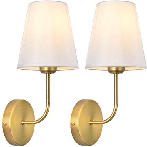LEECOORA Antique Brass Hardwired Wall Sconce Set of 2 - Gold Finish with White Fabric Shades，Bedroom Lighting, Living Room, Farmhouse, Fireplace, Hallway, Bedside Lamp,Bathroom Wall Lights