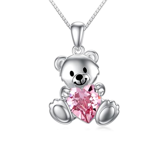 PELOVNY Teddy Bear Necklaces for Women 925 Sterling Silver Bear/Highland Cow Birthstone Necklace Birthday Valentines Day Jewelry Gifts for Mom Daughter Wife