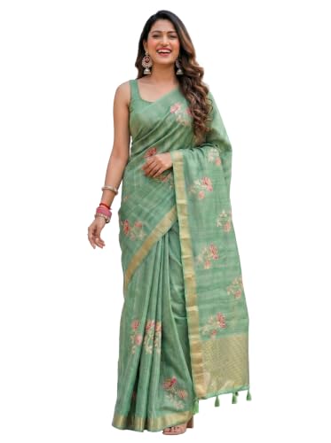 Image of MIMOSA Women's Pista Art Silk Banarasi Saree (Unstitched Blouse) | embrodiary | 6.2 Mtrs