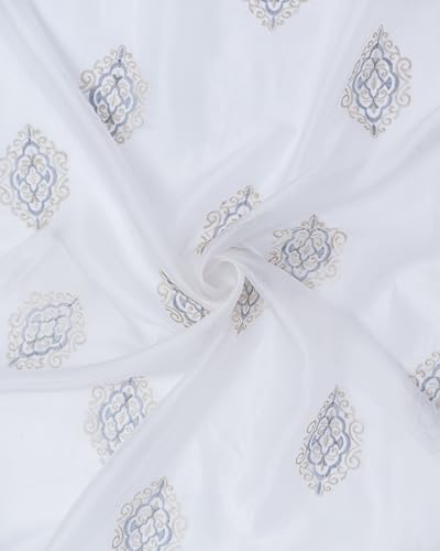 Image of (9 Ft Sheer Tissue with Embroidery Damas Design | Grommet Curtains Window Long Curtain | Window Curtain (Golden & Grey) | for Home | (Pack of 4) | 274 L X 121 W Centimeters