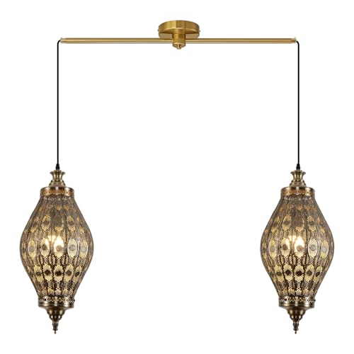 Image of 2-Light Linear Pendant Retro Metal Hanging Chandelier Brushed Brass