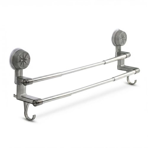 Porte-serviettes Double Extensible en Acier Inoxydable Gris, Barre de Serviette Télescopique 30-60cm pour Salle de Bain et Cuisine, Montage Mural Sans...