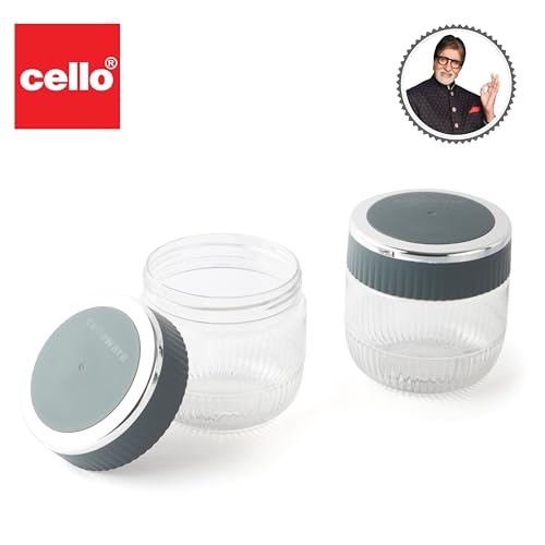 Image of CELLO Mint Storage Canister For Kitchen Set of 2, (500 ml x 2), Grey | Food Grade, Stackable, See Through | Nestable Storage Pet Container with Lid for Food, Pulses, Spice, Cereals, Cookies, Dry Food