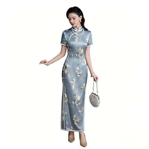 LAMBUCK Womens Elegant Traditional Qipao Cheongsam Long Dress Short Sleeve 80% Mulberry Silk 25% Spandex Soft Breathable Slim Fit Vintage Chinese Style Dress for Daily Party Wedding Banquet