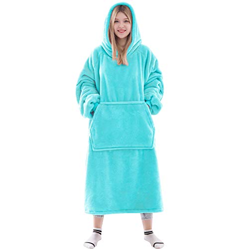 Image of Waitu Wearable Blanket Sweatshirt for Women and Men, Super Warm and Cozy Giant Blanket Hoodie, Thick Flannel Blanket with Sleeves and Giant Pocket - Cyan