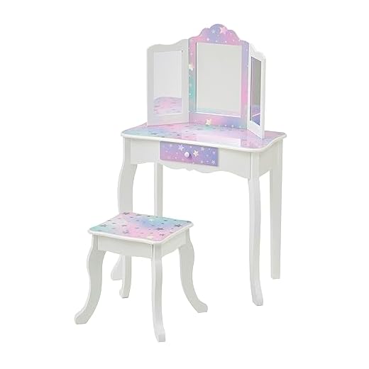 Teamson Kids Princess Gisele Starry Sky Print 2-Piece Kids Wooden Play Vanity Set with Vanity Table, Tri-Fold Mirror, Storage Drawer, and Matching Stool, White with Iridescent and Stars Accent