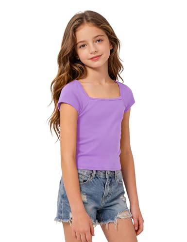 Image of Crop Tops for Girls Short Sleeve Shirt Girls Summer Tops Square Neck Slim Fit Tops Basic Tee
