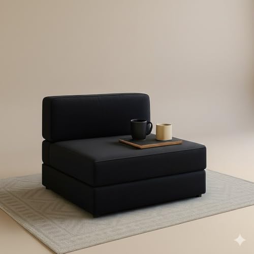 Image of PUM PUM 2-Seater Sofa Cum Bed | EPE Foam Foldable Couch with Velvet Fabric & Washable Cover | Convertible Sofa Bed for Home, Living Room & Office Guests | 3 x 6 Ft (Black)