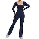 Vigorix Jumpsuits for Women Square Neck One Piece Wide Leg Full Length Yoga Rompers Long Sleeve Playsuit Workout Bodysuit (Dark Blue, XXL)