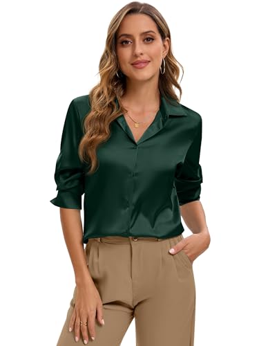 Image of Premium Soft Breathable Stretch Satin Silk Button Down Shirts for Women Long Sleeve Leopard Blouses Work Dress Tops