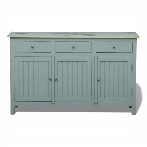 Image of Solid Wood Madrid 3 Drawer Sideboard | Sideboard Cabinet with Sintered Stone top | Finish- Premium Acrylic Silver Grey