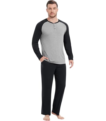 Image of NACHILA Mens Pajamas Set Viscose Made from Bamboo Henley Top Sleep Pants