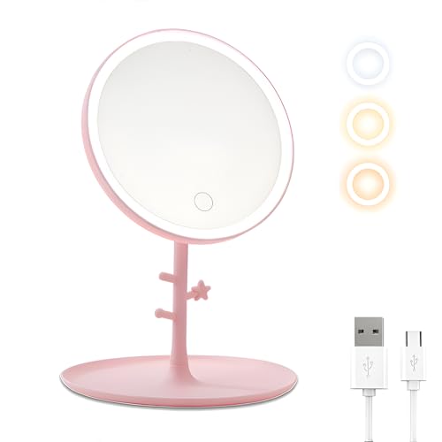 2025年新款鏡 ライト付きミラー 卓上化粧鏡 おしゃれ女優ミラー 3色調光 無段階調光 USB充電式 120°回転可能 携帯便利 メイク鏡 LEDライトピンク日本語説明書付き