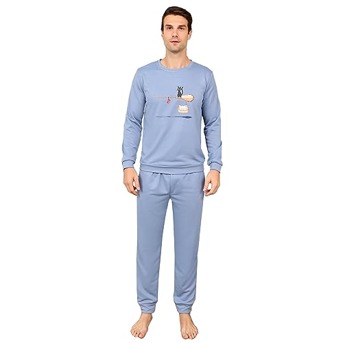 Mens Cott*n-like texture long Pajamas Set cat pattern Nightwear round neck Sleepwear