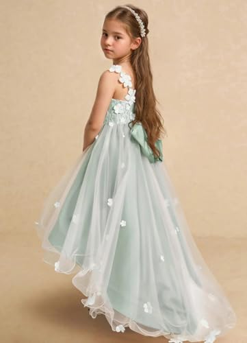 Girls Spaghetti Straps 3D Flowers Applique Flower Girl Dresses Asymmetrical Tulle Formal Dress3