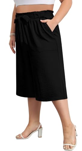 Lastshe Women's Casual Plus Size Cropped Wide-Leg Pants with Pockets High Waisted Adjustable Tie Knot Capri Palazzo Trousers3