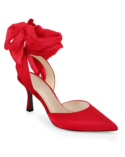 Image of Womens Lace up Satin Heels Bow Pointed Closed Toe Bridal Dress Shoes Low Heel Wedding Elegant Pumps