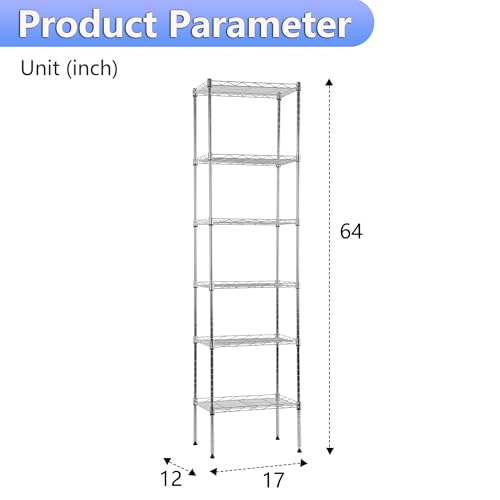 Image of BestOffice | 6-Tier Wire Storage Shelves | 17x12x64 | Chrome | with Adjustable Racks | Heavy-Duty Metal Shelf, Holds Upto 600 lbs | No-Tool Assembly | Ideal for Home & Garage Shelving