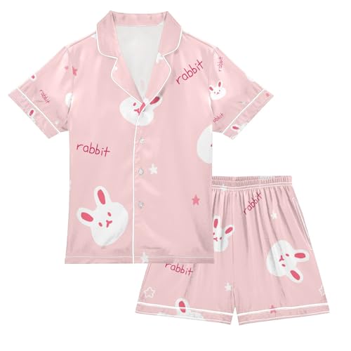 senya Rabbit Cute Head Satin Summer Pajama Sets Silk Short Sleeve Button Down Sleepwear