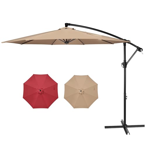 Yssoa LGBRLAOFFSET10TAN-C 10' Offset Hanging Market Patio Umbrella With Easy Tilt/Crank, Polyester Shade cover