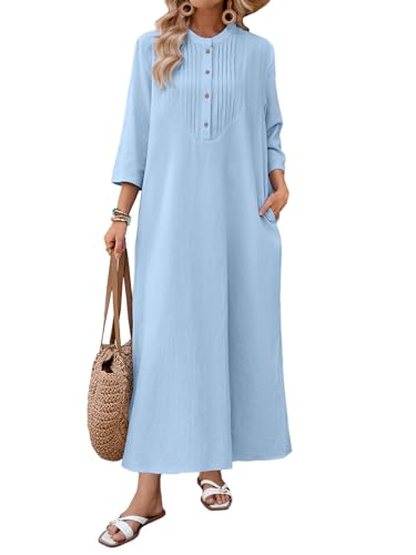 Image of Celmia Autumn Solid Loose Long Maxi Dress Cotton Caftan