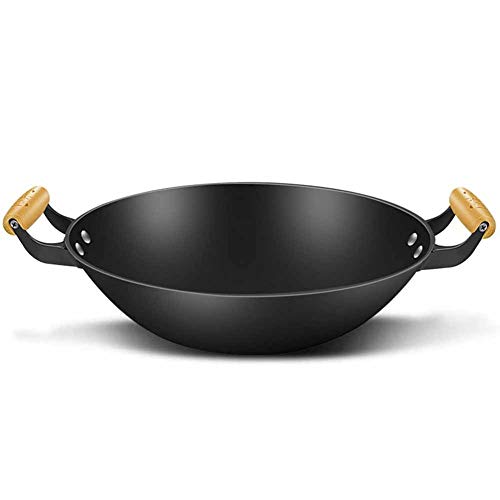 Sartén de hierro fundido binaural sin revestimiento de 32 cm, multifuncional, parte inferior redonda, wok para cocinar saludable y antiadherente (38 cm disponible)