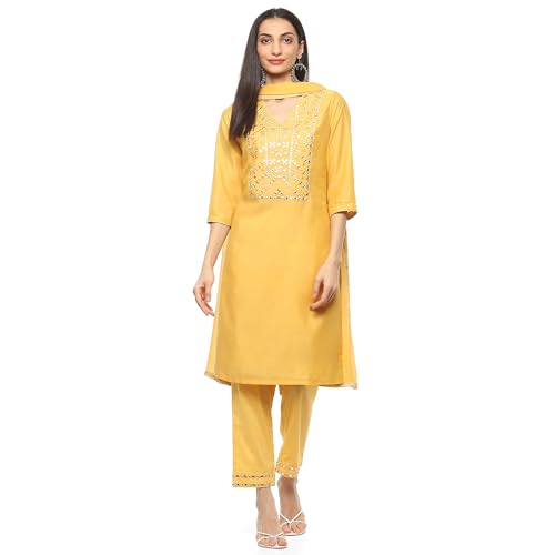 Image of BIBA Women Cotton Straight Embroidered Suit Set