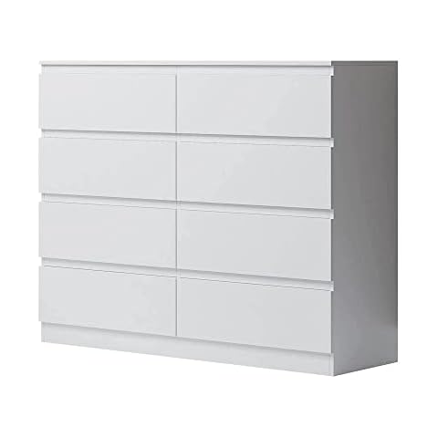FWStyle Modern 8 Drawer Chest No Handle Sleek Design Bedroom Sideboard Storage Furniture - Matt White Cover