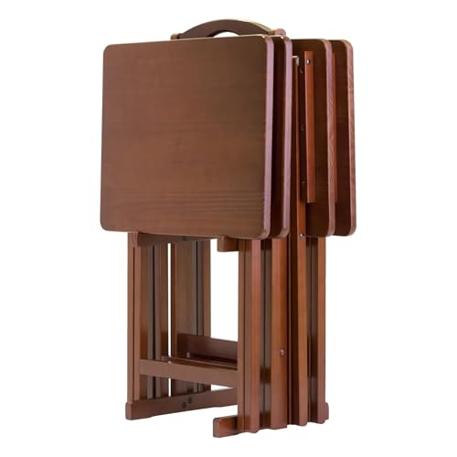 Oakestry Alex 26" Snack Table Set with Stand, 4 Folding TV Trays for Living Room & Bedroom, Compact Space-Saving Walnut Finish, Portable Dinner Tables for Eating, Work & Entertainment