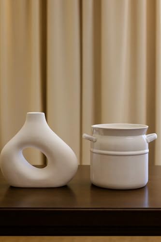 Image of SPHINX Pack of 2 Ceramic Vases for Home Decor | Modern Donut Hole Vase & Milk Pot Design | Minimalist Nordic Style Decorative Vases for Living Room, Bedroom, Table & Office