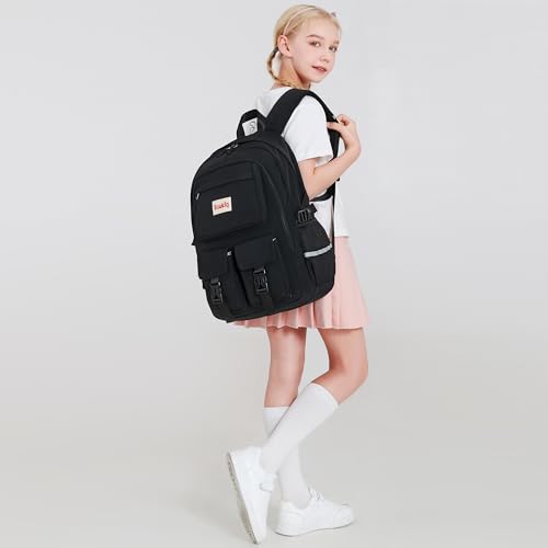 Sawkig Girls Backpack for School Kids Multiple Pockets Bookbag Cute 17 inch School Backpack for Girls Elementary Junior High Book Bags (Black)